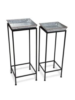 Square Nesting Plant Stands With Galvanized Trays, Set Of 2