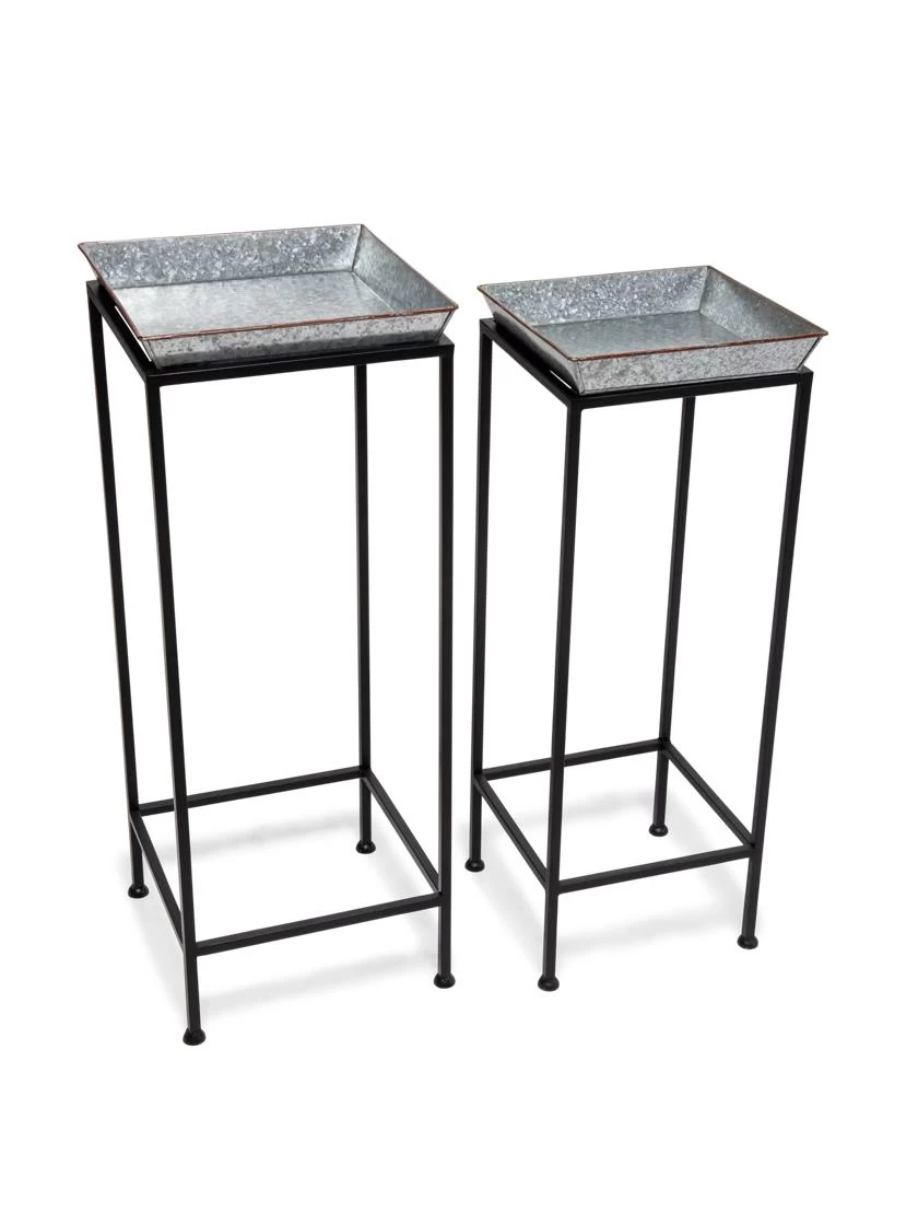 Square Nesting Plant Stands With Galvanized Trays, Set Of 2 1 Square Nesting Plant Stands With Galvanized Trays, Set Of 2